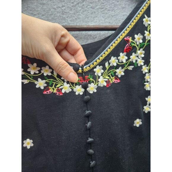 Vtg Black Sleeveless Ultra Dress W/Floral & Strawberry Embroidery Button Accents - Picture 4 of 6